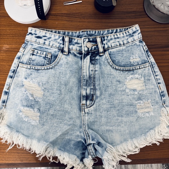 Light Wash Blue Denim Shorts Distressed Ripped High Waist Raw Hem - Picture 11 of 11